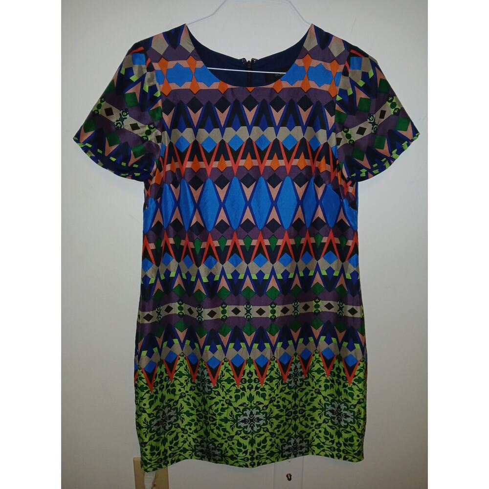 J. Crew Size 6 Bold Blue Green Silk Short Sleeve Dress Geometric Print Career